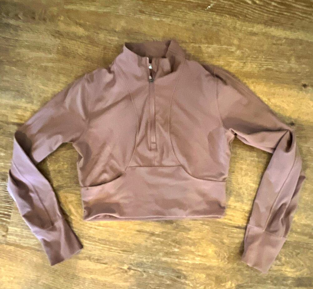 Pink Mock Neck Half Zip Ribbed Stretch Cropped Athletic Top Women M Yoga